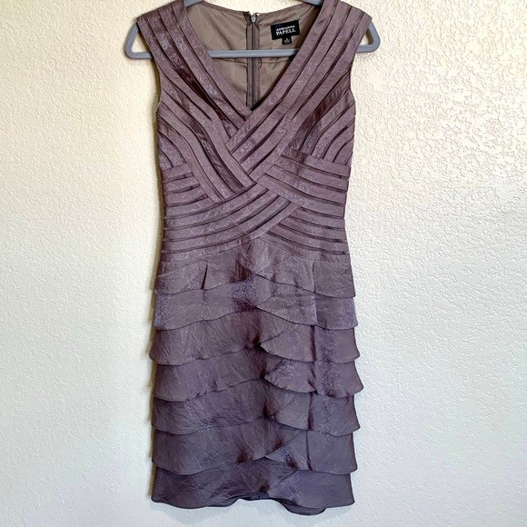 Adrianna Papell Dark Champagne Dress Shimmer Tiered Shutter Pleated Dress Size 4